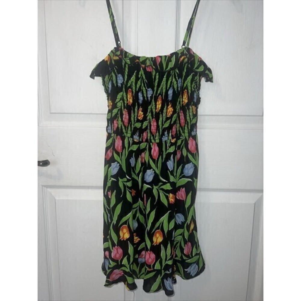 URBAN OUTFITTERS Black Sleeveless Floral Tulip Print Ruffles Mini Dress Sz Med